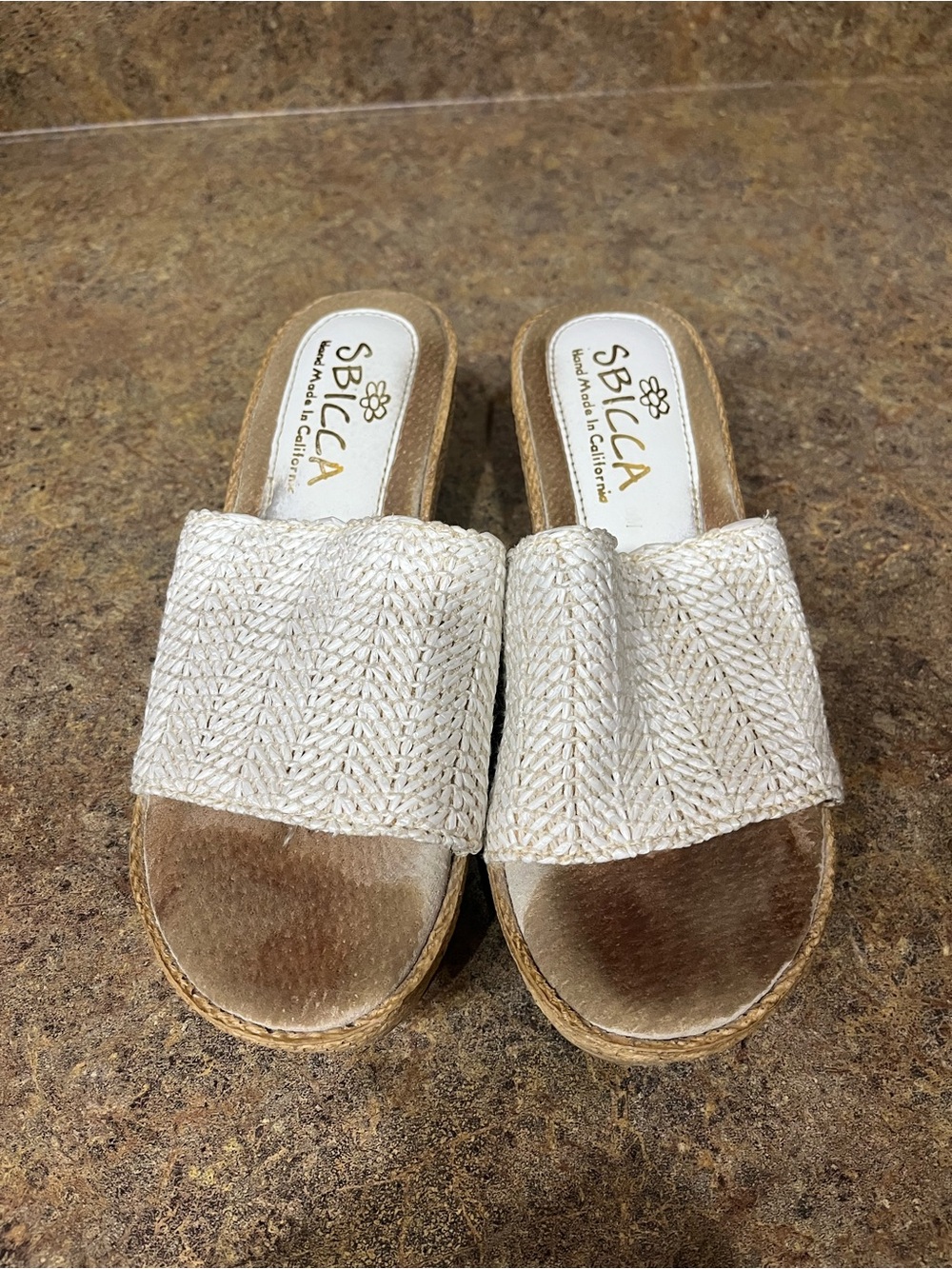 Sbicca Women's Woven Raffia Wedge Slide Sandals Size 6 White Boho Cork Platform